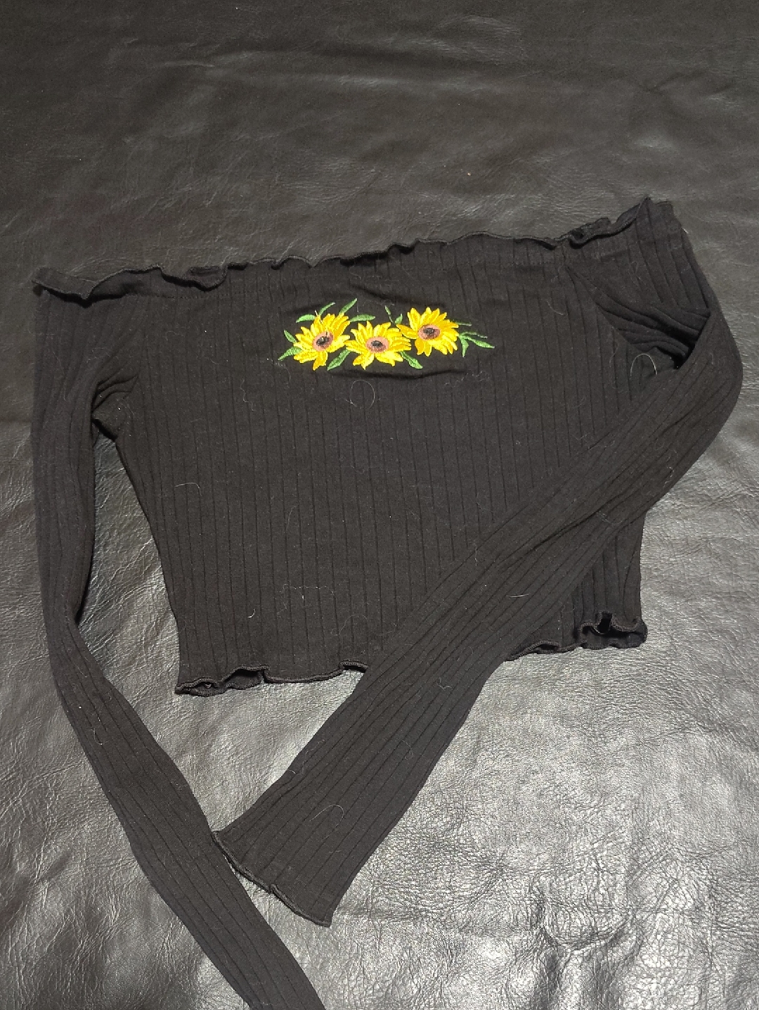 Black Ribbed Off-Shoulder Crop Top With Sunflower Embroidery